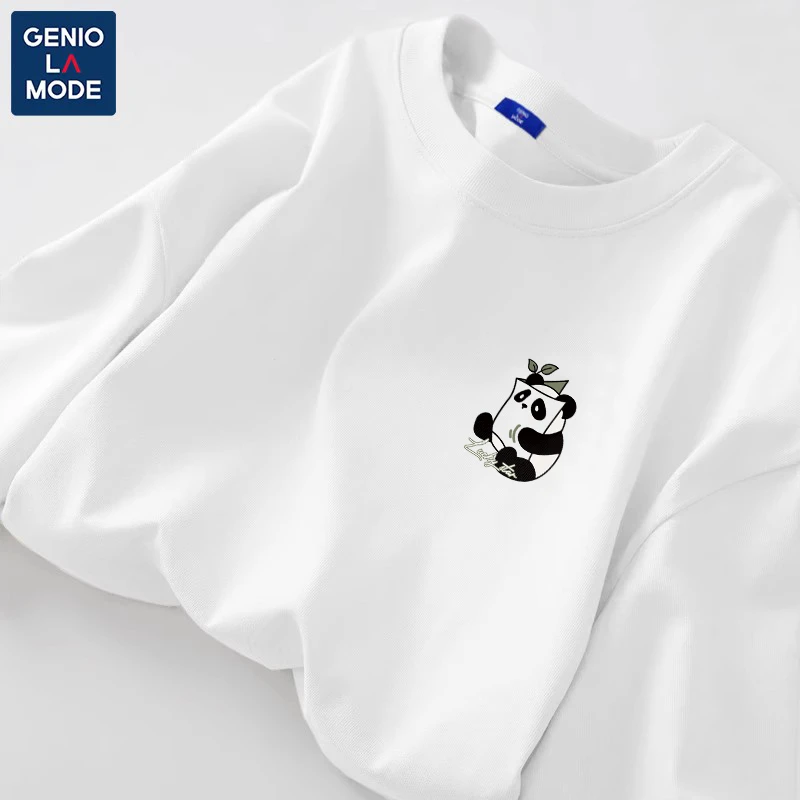 GENIOLAMODE男士短袖t恤夏季白色简约纯棉半袖男国潮熊猫印花上衣