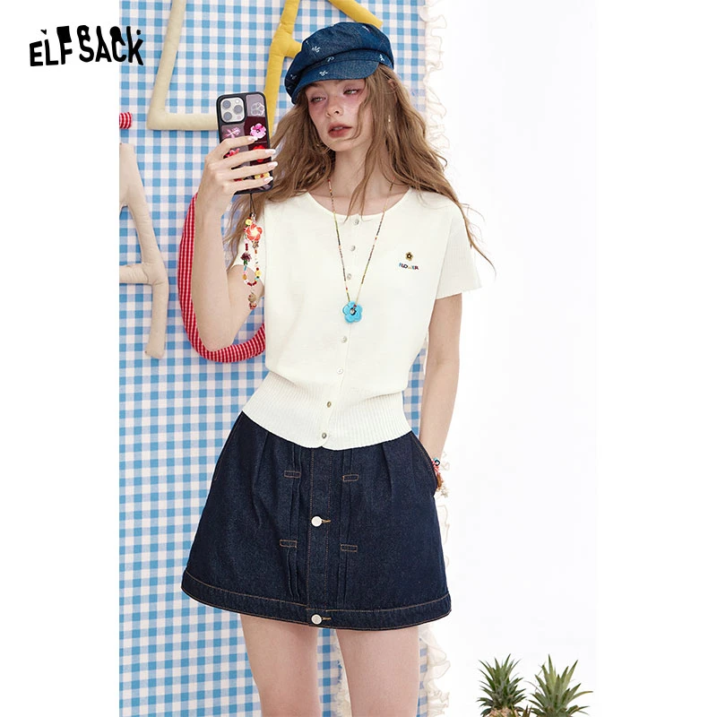 妖精的口袋圆领奶茶色修身针织衫2025夏短袖设计感百搭25206055