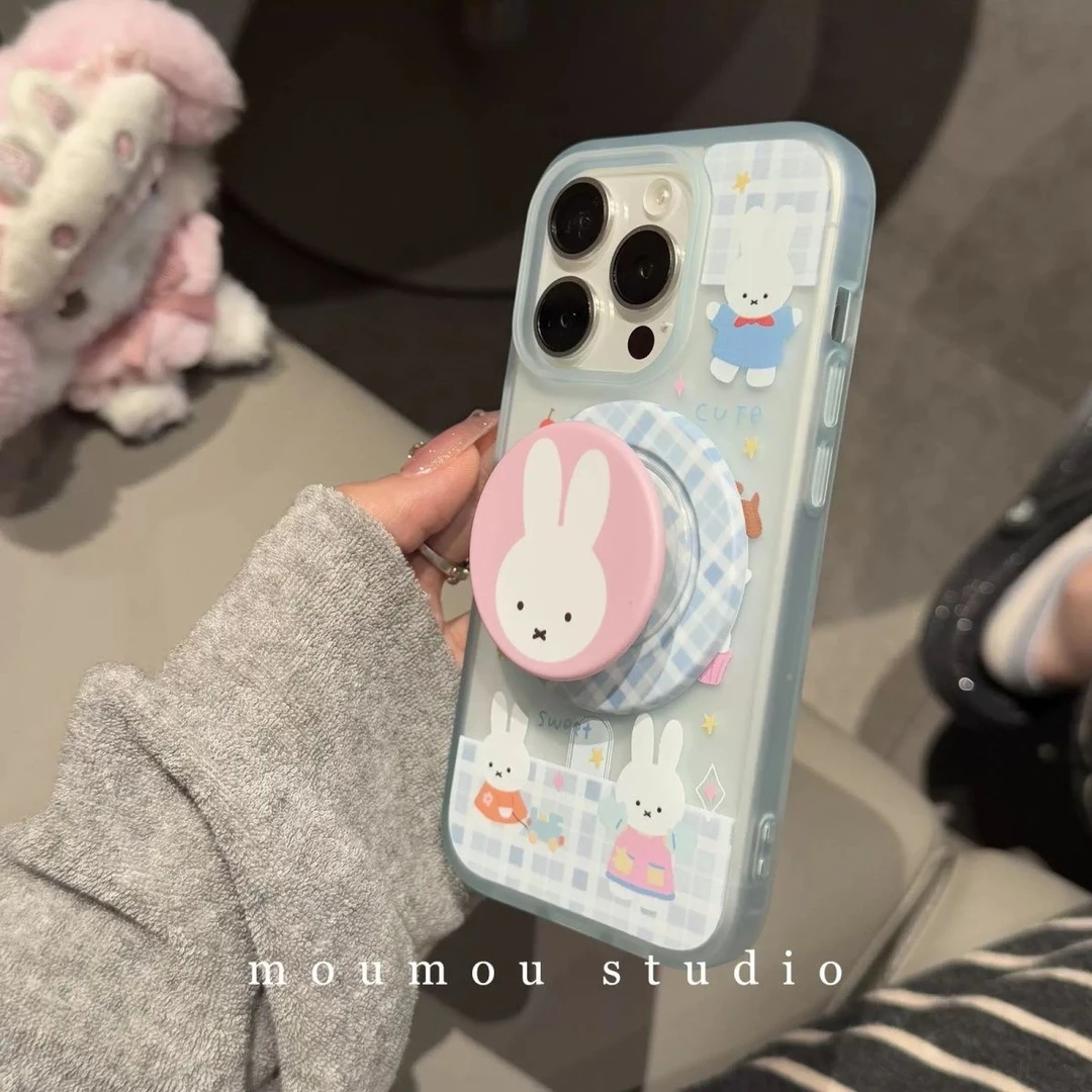 磨砂透明可爱兔子磁吸支架适用苹果16promax手机壳iphone15全包14