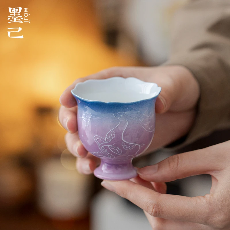 墨己梦幻渐变紫花束高足主人杯家用手绘鹿踏祥云功夫茶具茶杯