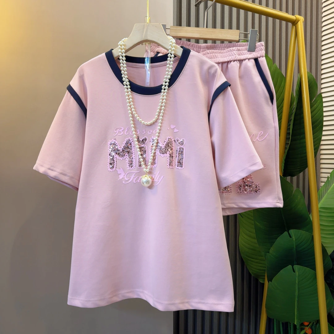 设计感小众亮片时髦百搭休闲短袖两件套衣长66左右裤长49左右