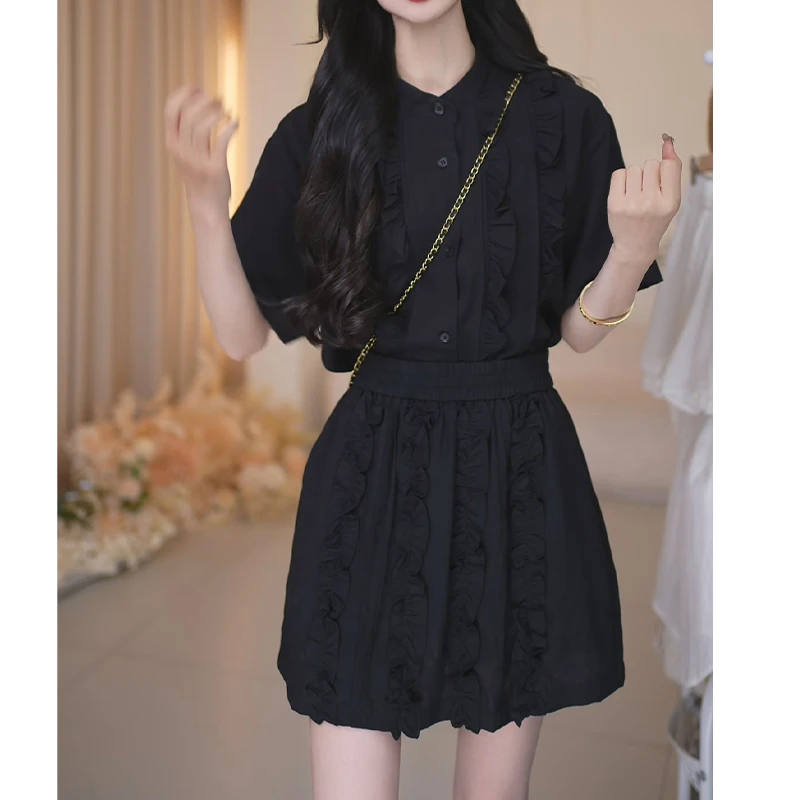 气质休闲轻奢时尚套装2025夏季新款黑色显瘦减龄裙裤短袖两件套