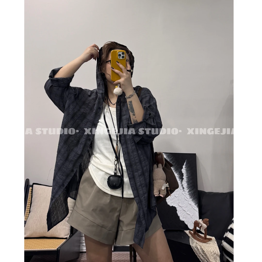 「xin:微胖大码」夏季 “连帽”泡泡格衬衫