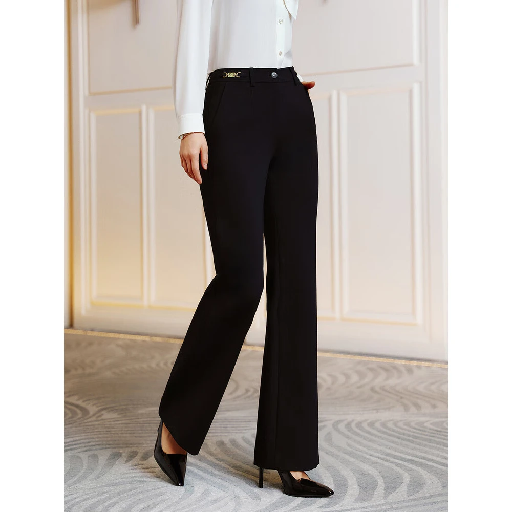 慕卿2025新款羊毛混纺微喇显瘦黑色时尚西装裤高腰垂感MQ5A003