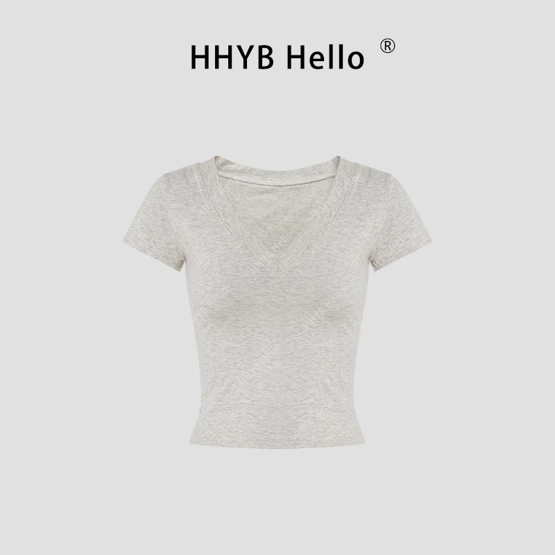 HHYB Hello辣妹V领正肩修身短袖T恤女2025新款小众显瘦上衣250169