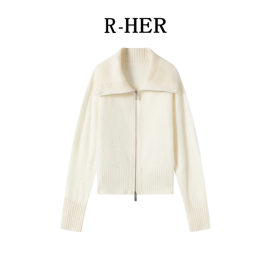 R-HER【棉毛开衫】韩版翻领外套拉链毛衣绵羊毛衫加厚保暖针织开衫