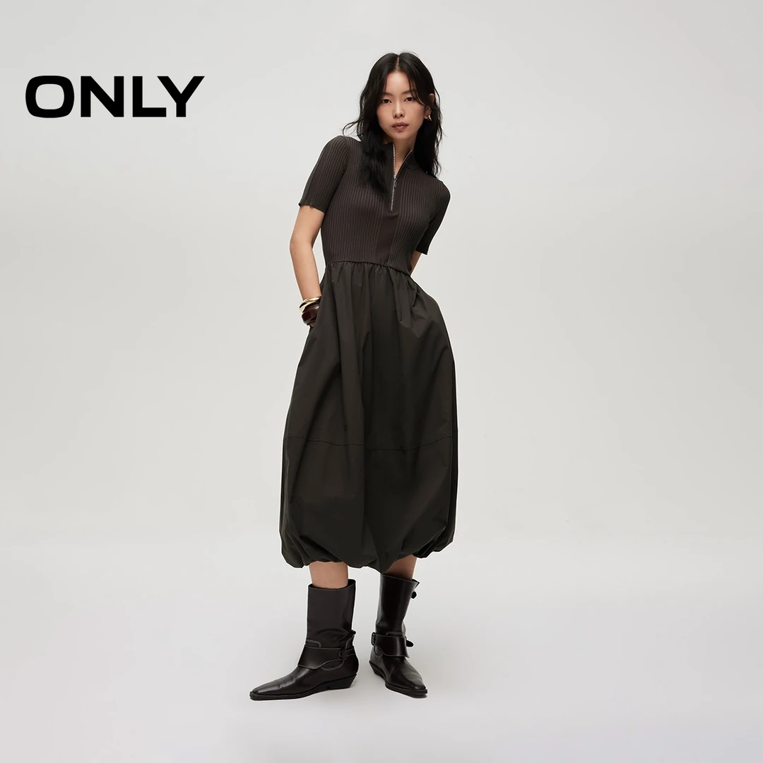 2026春季新款花苞裙小黑裙针织拼接短袖连衣裙女|126107007