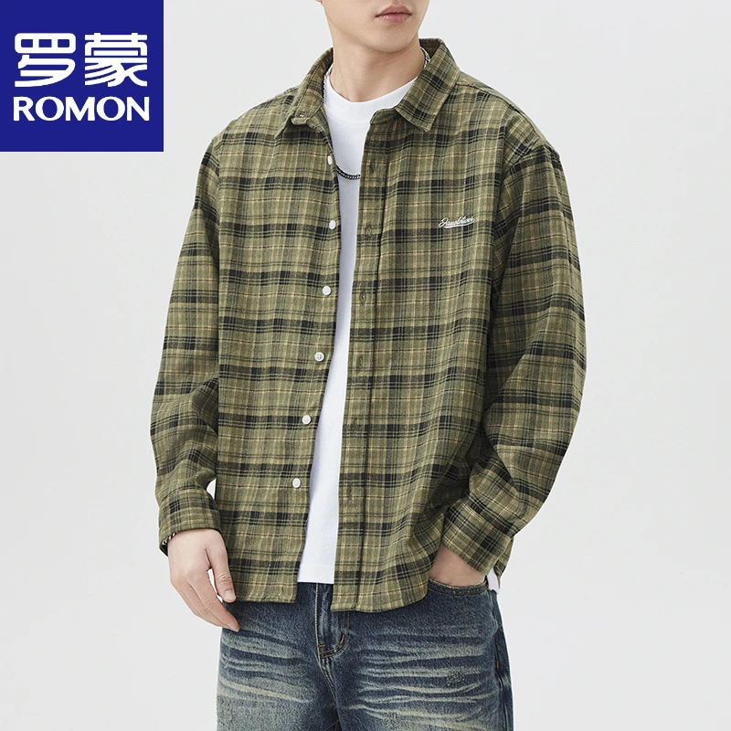 罗蒙轻奢严选入秋的第一件衬衫日系覆古格K子长袖衬衫男刺绣文艺