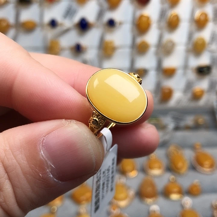 蜜蜡银S925镀金镶嵌戒指