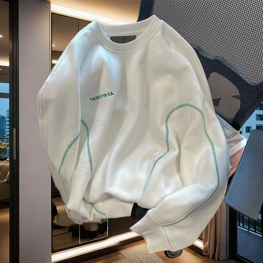 明线撞色拼接加绒卫衣男女秋冬复古美式高街特大码300斤情侣上衣