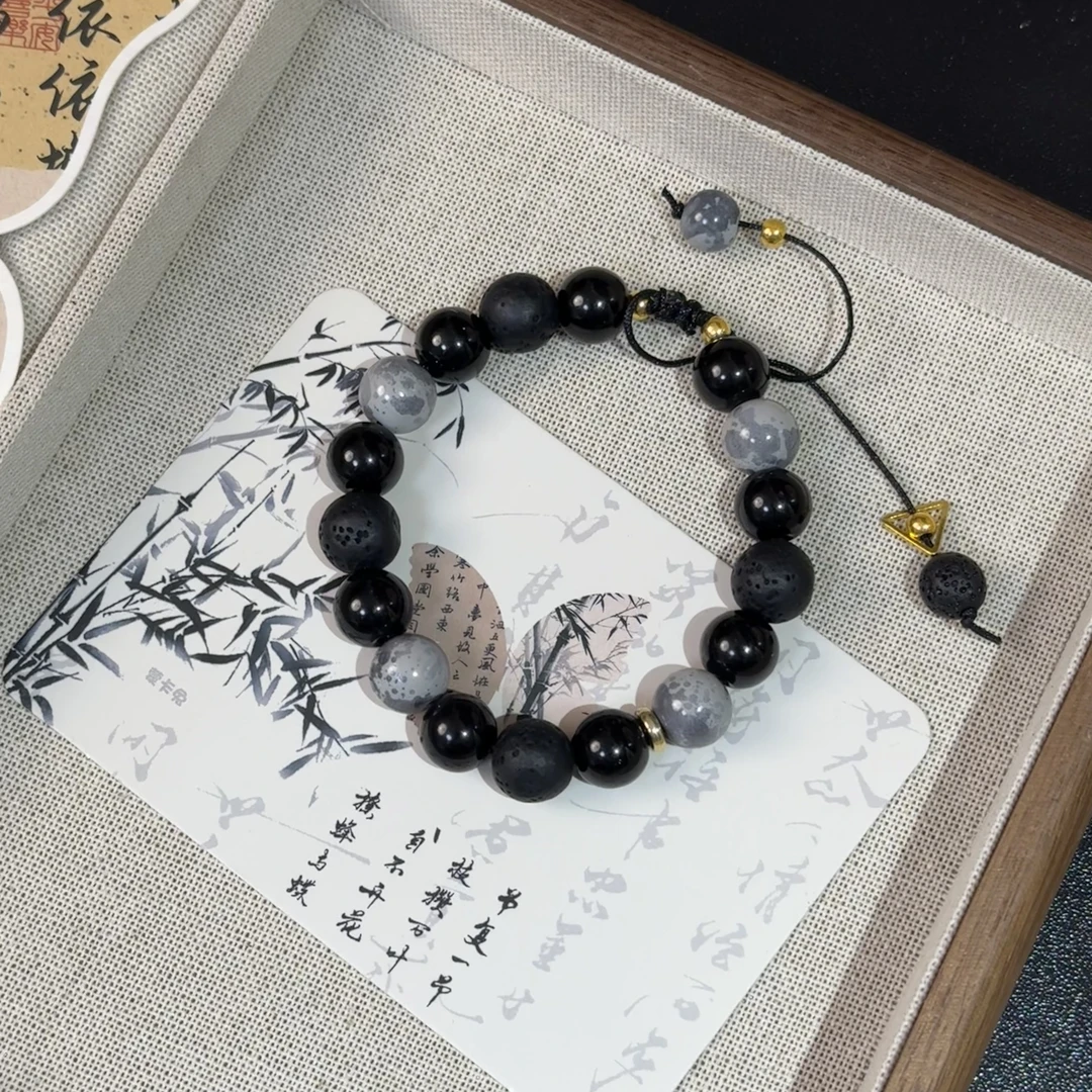 七阅 非金属玻璃手链 暗屿玄武曜夜手工火山石琉璃珠黑色男女通用