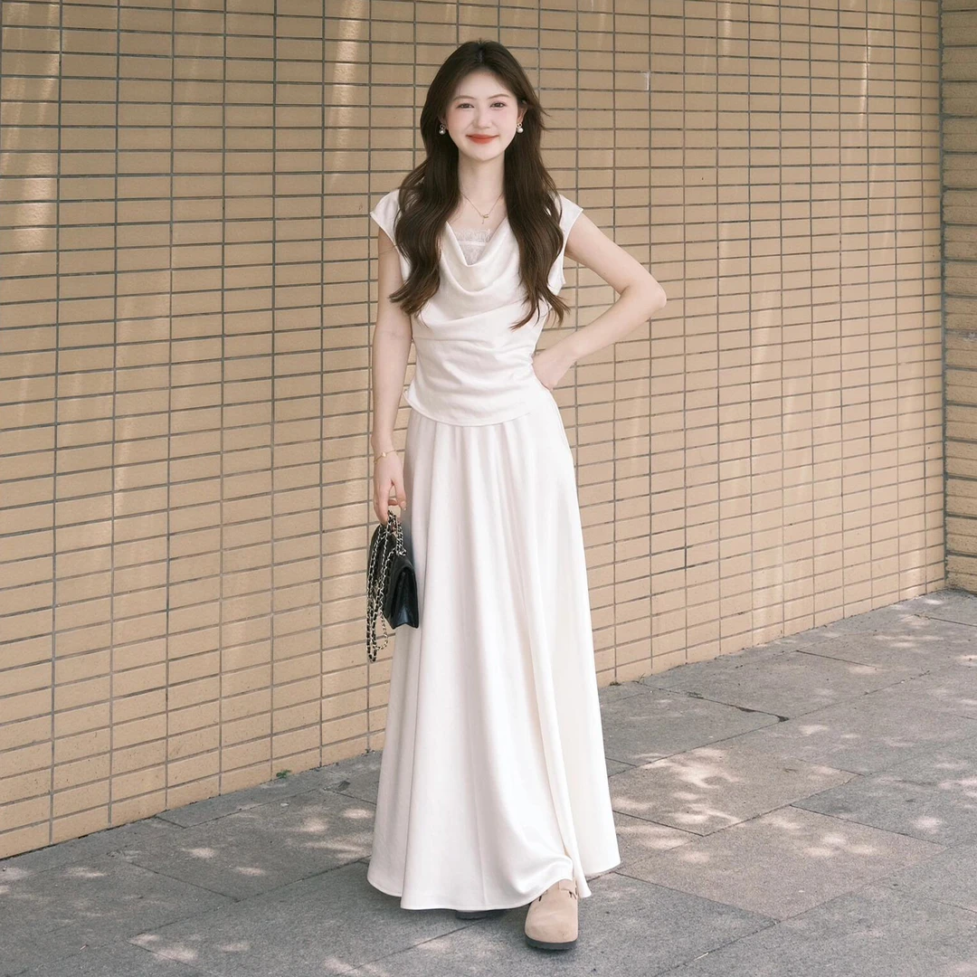 3943法式气质连衣裙女夏季2025新款独特漂亮荡领上衣半身裙子套装