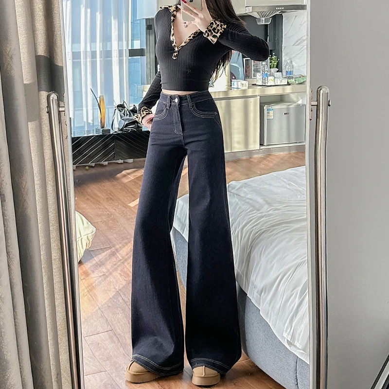 不掉色丹宁蓝牛仔裤女2025年春季新款加绒高腰显瘦弹力宽松阔腿