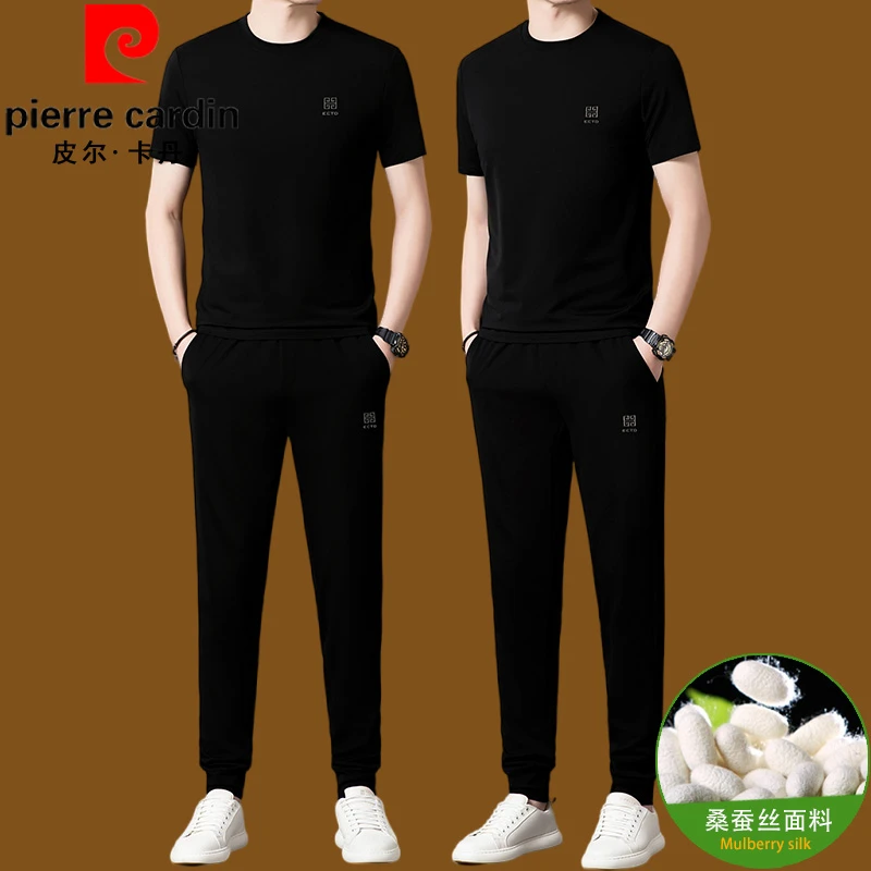 皮尔卡丹夏季薄款桑蚕丝男士短袖运动套装时尚休闲中年潮流两件套