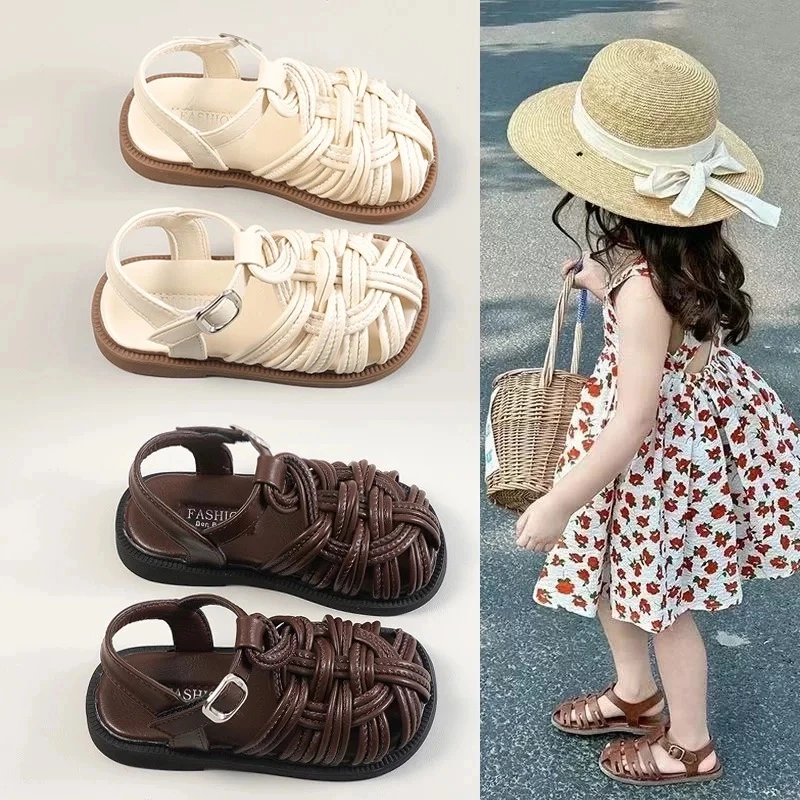 女童包头镂空凉鞋2025夏季新款儿童鞋小女孩公主鞋软底编织沙滩鞋
