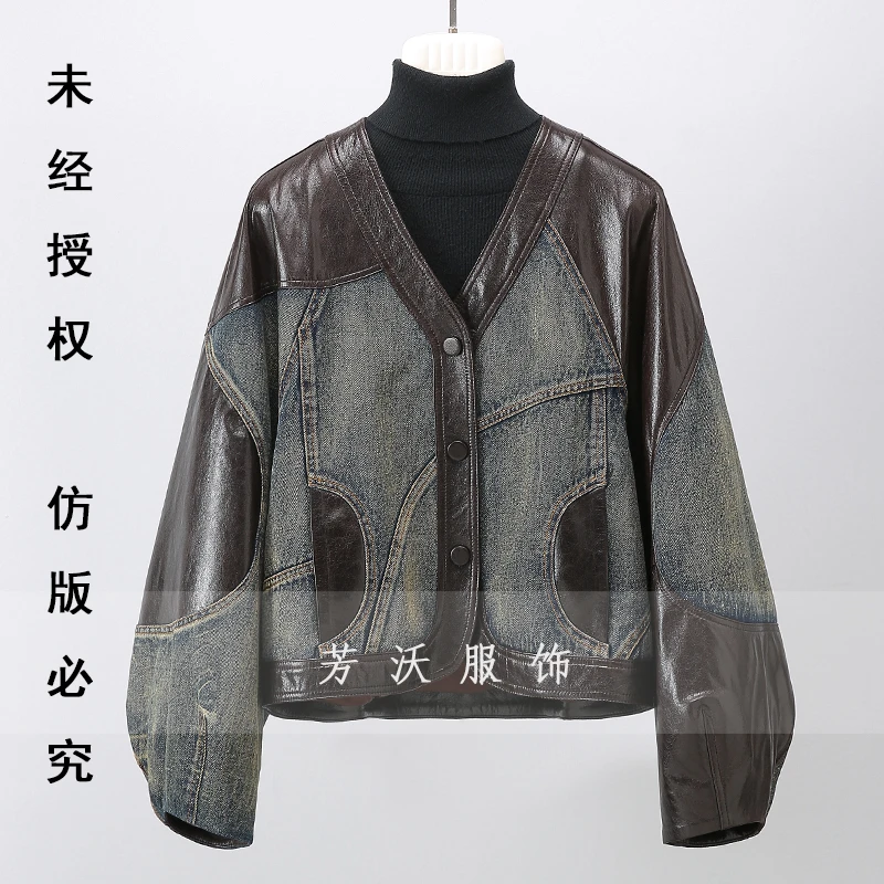 高奢春秋朋克风宽松年轻少女风长袖韩版真皮拼接软牛仔外套