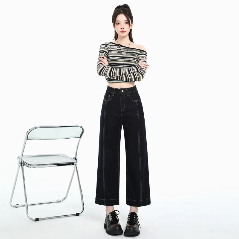 早秋深蓝拼接阔腿牛仔裤女2025新款小个子高腰宽松显瘦九分直筒裤
