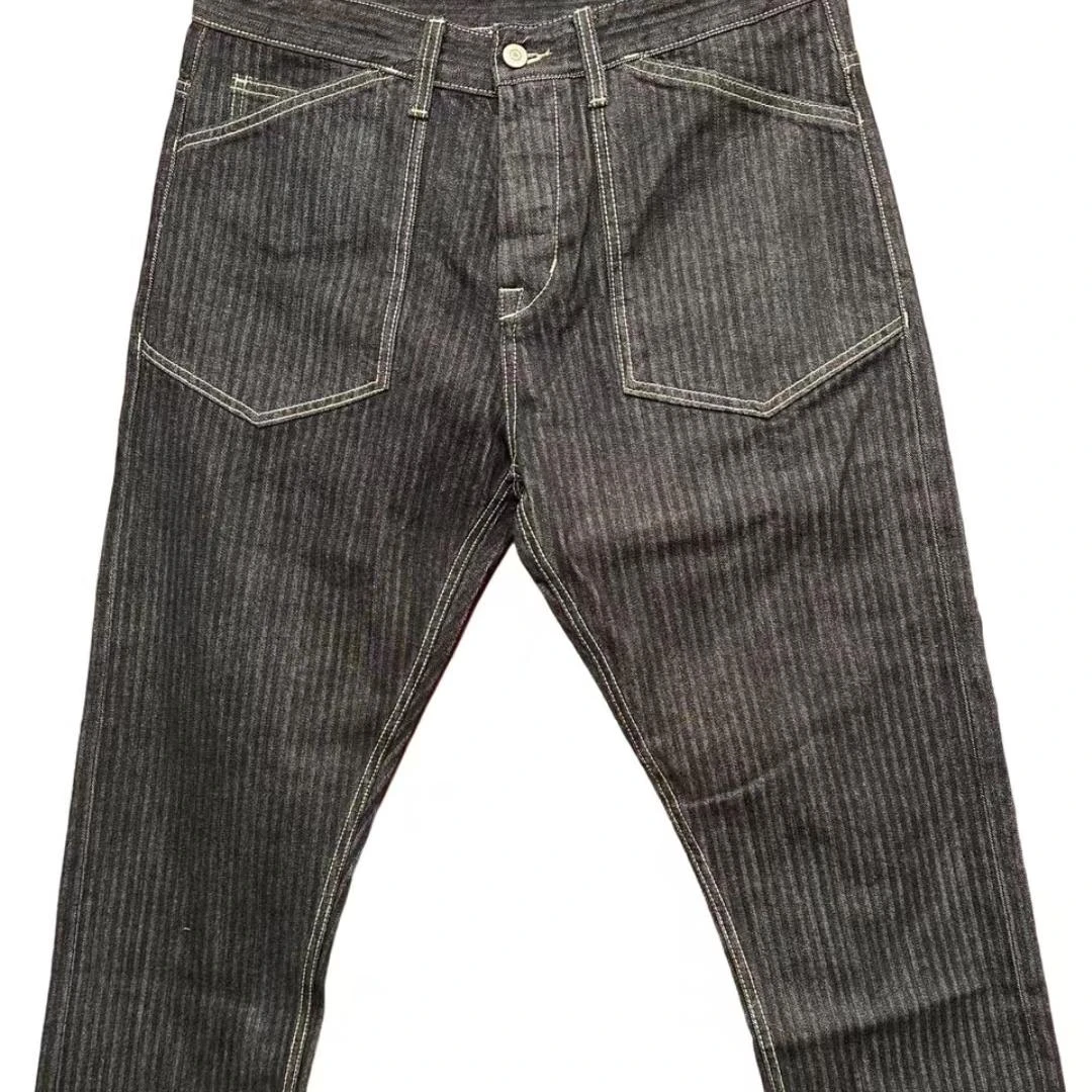 黑色牛仔裤竖条纹双R牛仔直筒裤男士时尚休闲修身