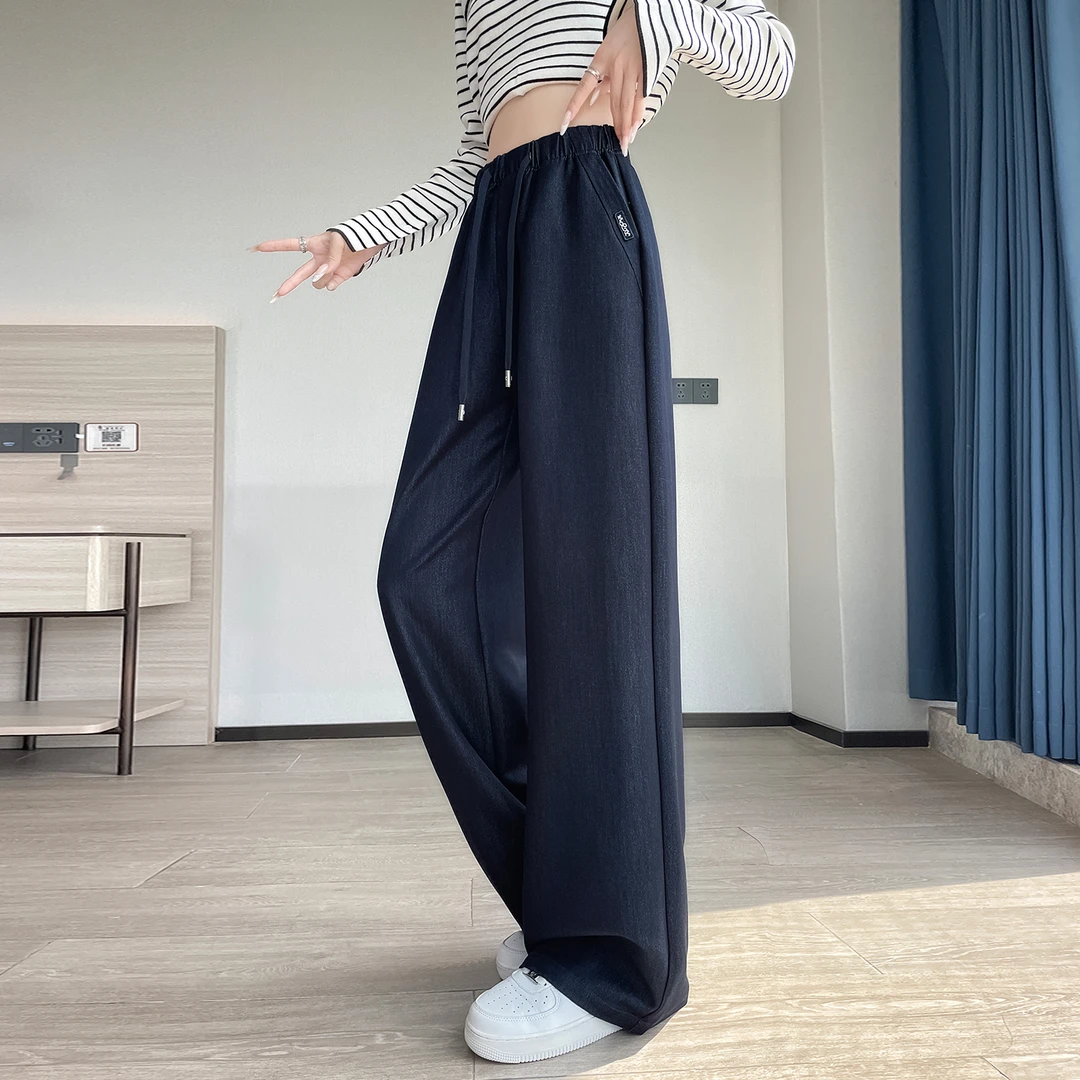 深蓝色阔腿裤女高腰春秋季2025新款宽松直筒裤显瘦垂坠感拖地裤子