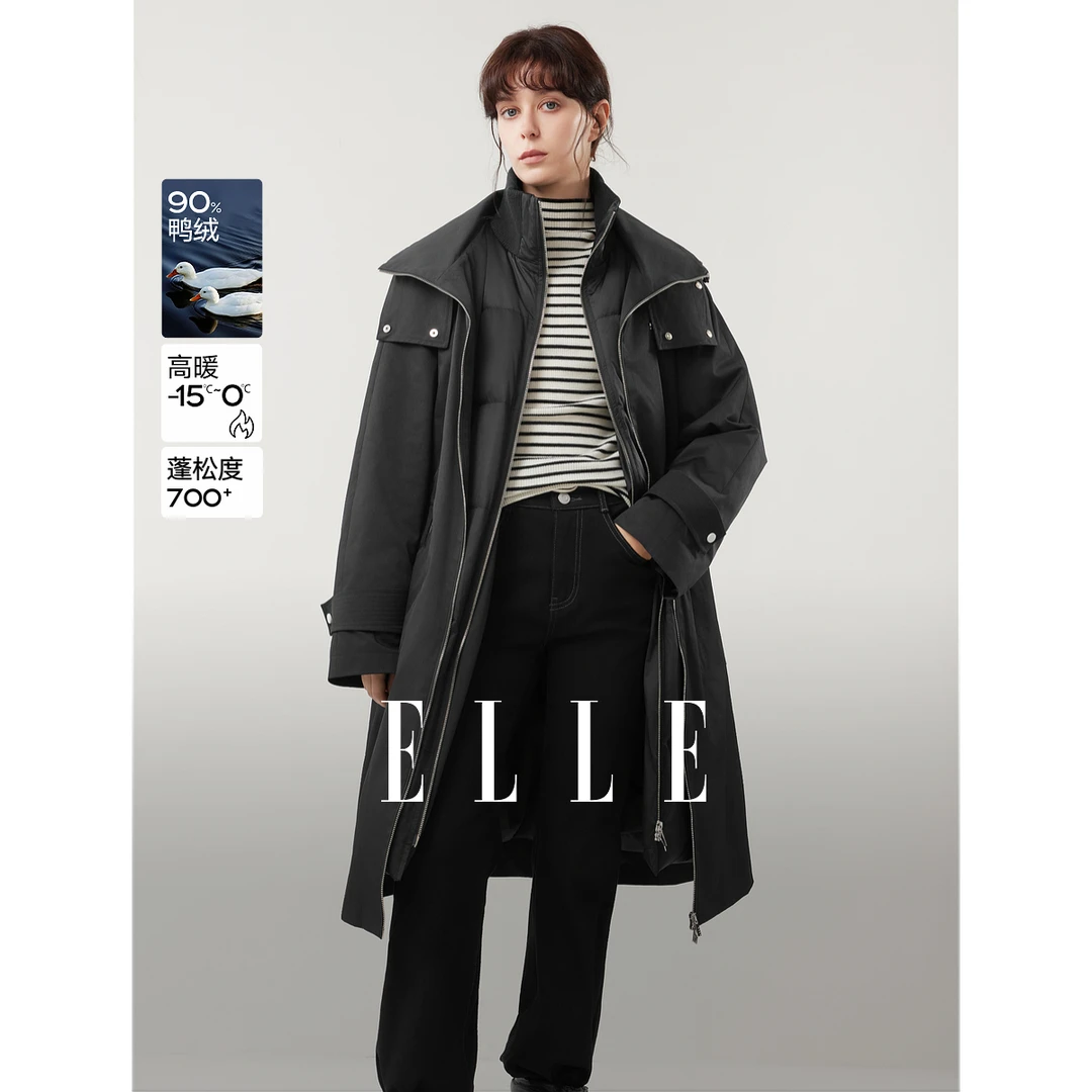 ELLE女装90白鸭绒风衣羽绒服2025冬季新款通勤保暖外套EY51853
