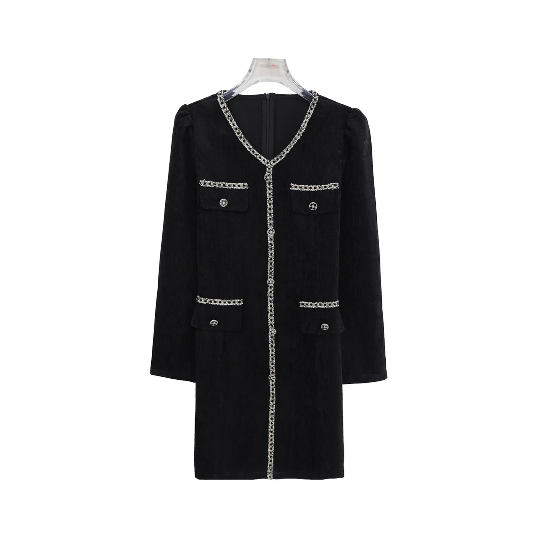 高级感名媛精致拼接V领轻奢百搭连衣裙S5553