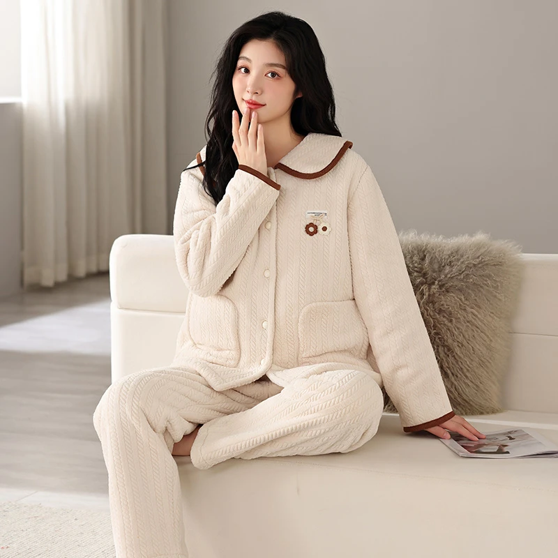 简约冬季睡衣女保暖加绒加厚复合绒长袖可爱风开衫秋冬家居服套装