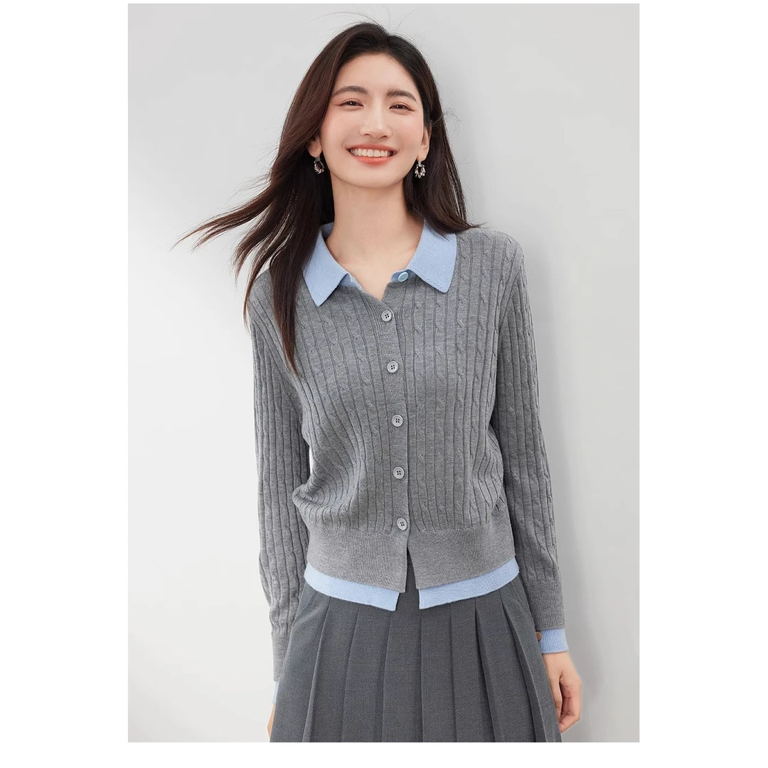 2025舒适百搭简约秋冬新款软糯舒适简约撞色假两件拼接开衫上衣