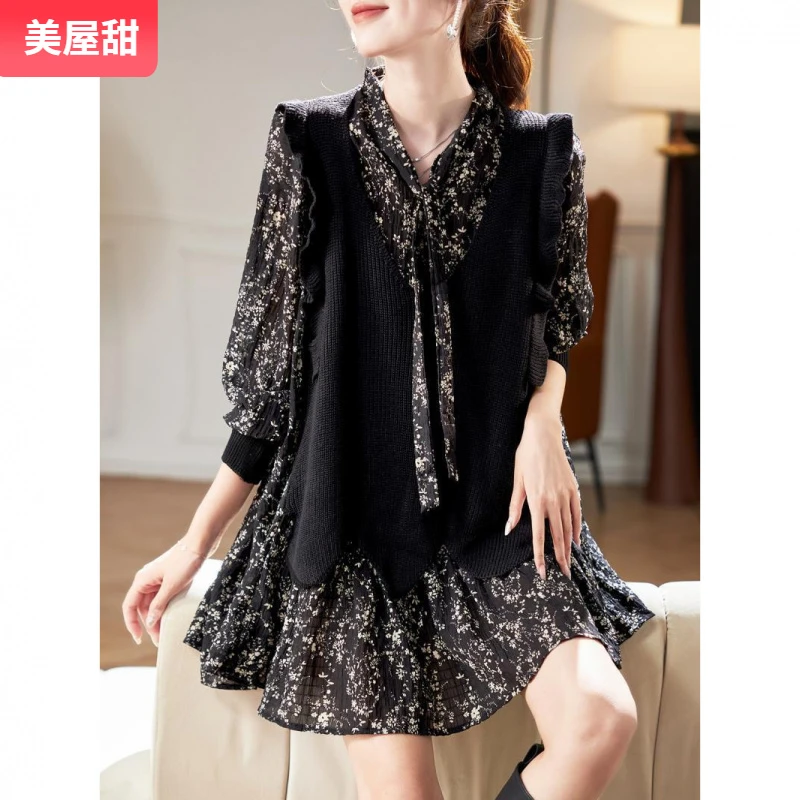 12025年新款假两件拼接时尚碎花长袖上衣感气质宽松中长款衫女I
