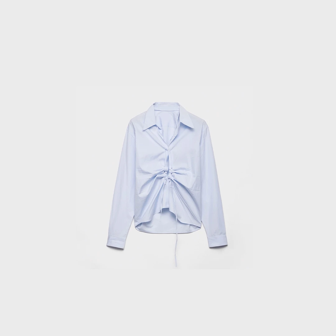 【P家同款】复古蓝色翻领蝴蝶结系带设计感宽松长袖衬衫25B3093