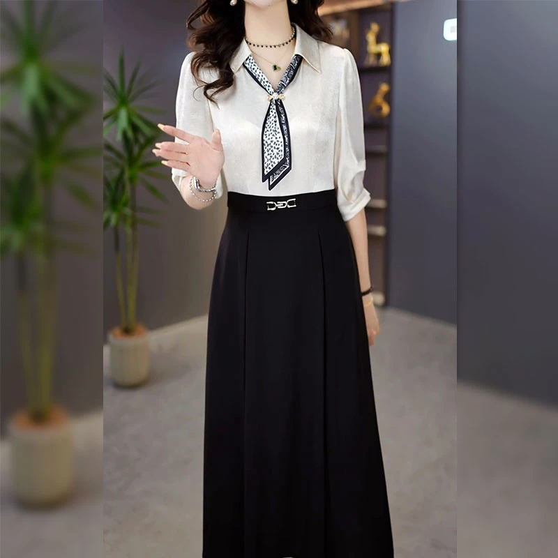 珠光缎连衣裙2025早秋新款女装时尚气质显瘦遮肚子优雅中长款裙子