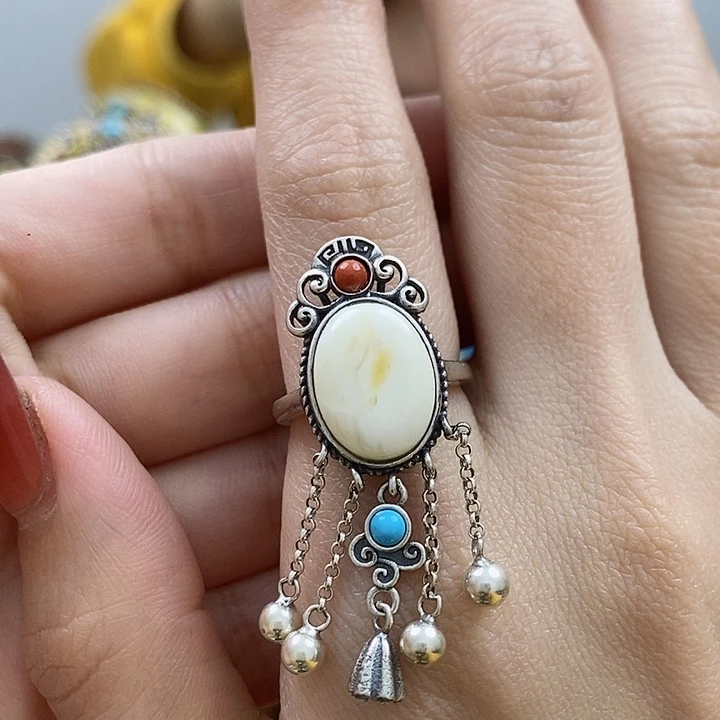 琥珀戒指银S925镶嵌戒指