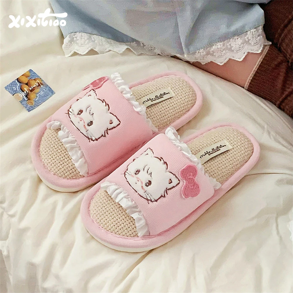 细细条 甜美花边趣味软萌小猫地板鞋女可爱春夏居家吸汗棉麻拖鞋