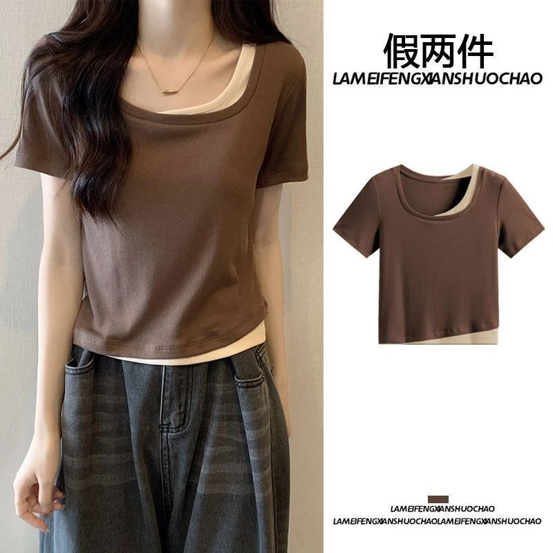 大码假两件短袖T恤女夏季2025新款小众设计感百搭纯欲风修身上衣