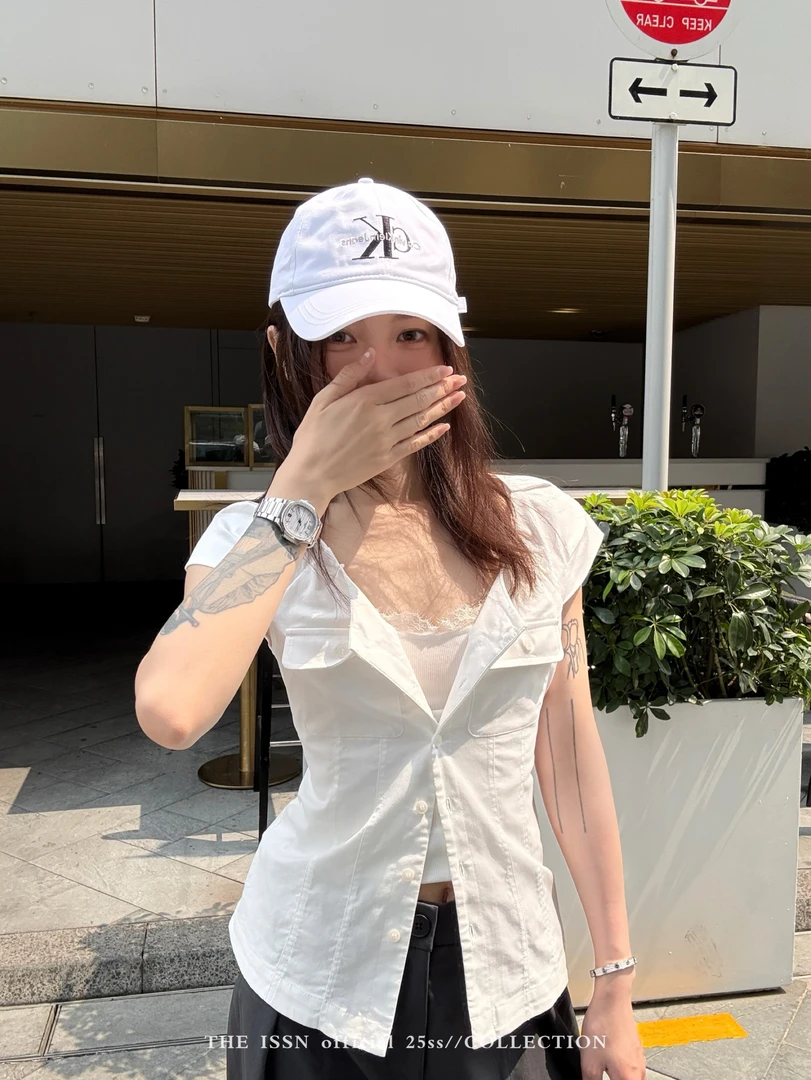 THEISSN宁司 小众设计感V领正肩衬衫小飞袖百搭修身显瘦衬衣 0667