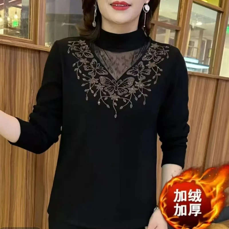 加绒保暖秋冬打底衫女黑色半高领上衣大码遮肚子气质长袖减龄小衫