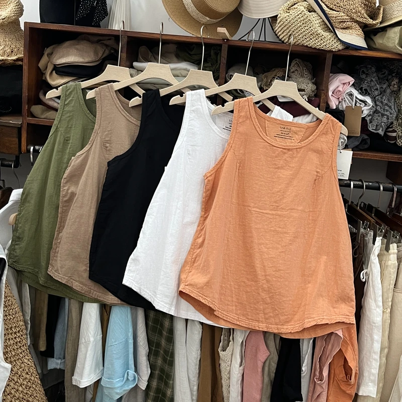 夏季圆领无袖麻棉背心文艺棉麻女装衣长60胸围102韩版宽松上衣薄