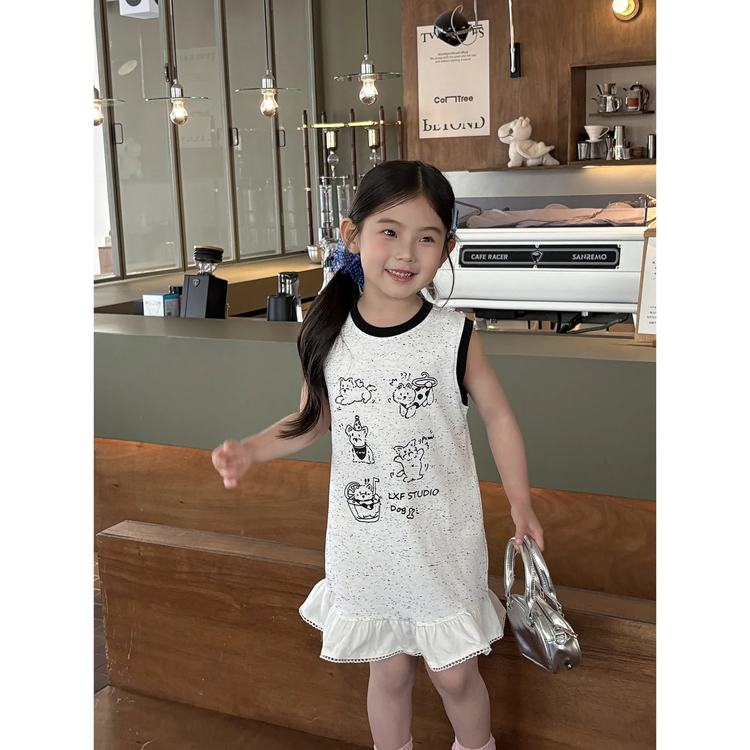 Harper kids 韩版女童夏季卡通印花撞色无袖背心裙 H25Z010646