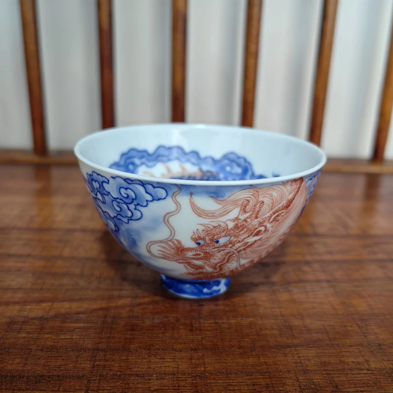 自成堂柴窑青花釉里红龙纹鸡心杯穿云过墙龙纹主人杯喝茶单杯手绘