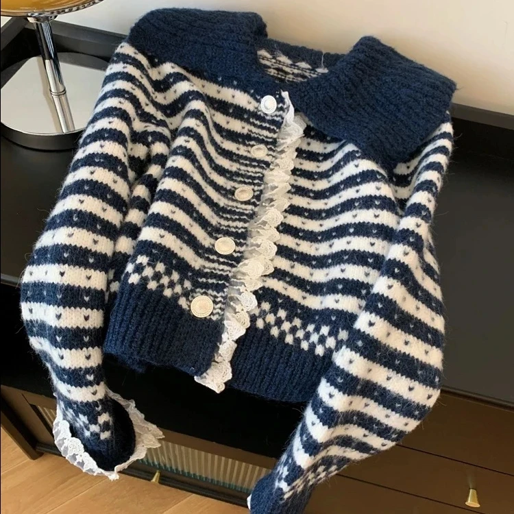 【远山黛】2025秋季新款蕾丝拼接条纹开衫y6875