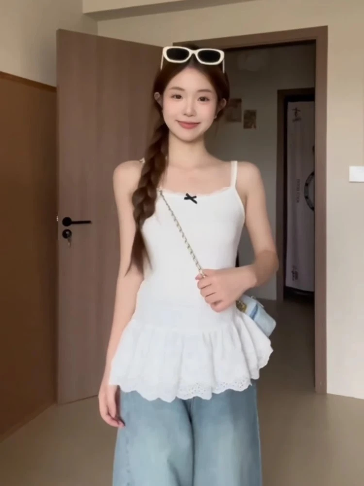 韩系芭蕾风白色蝴蝶结吊带背心女春夏蕾丝花边下摆叠穿内搭小上衣