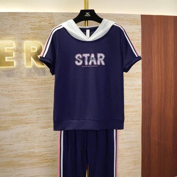 【深蓝STAR连帽短袖套装】天丝罗马棉T恤长裤时尚显瘦女休闲套装