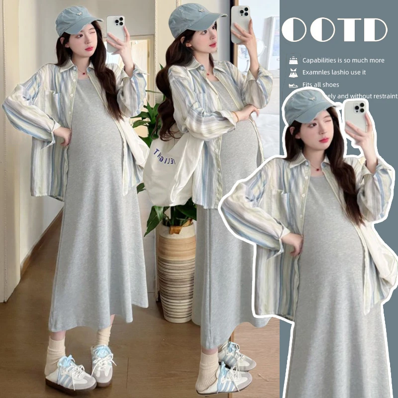 YNVO时尚~韩版夏季新款百搭休闲背心连衣裙+衬衫上衣孕妇两件套