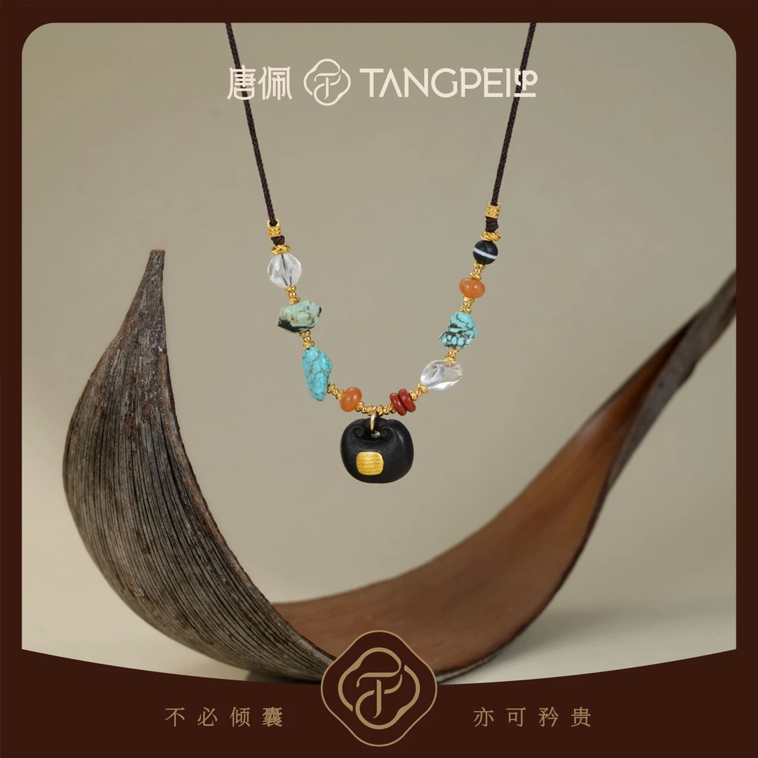 铜合金琉璃项链 设计感新中式复古黑色钱袋吊坠项链气质时尚饰品