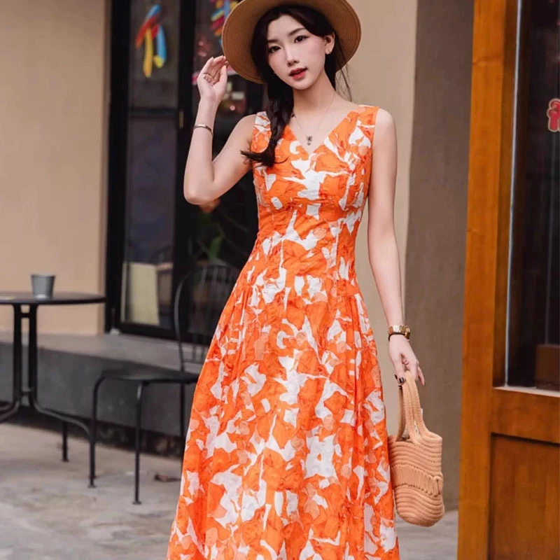 哥家同款碎花裙女装夏季V领时尚收腰碎花度假风无袖连衣裙150029