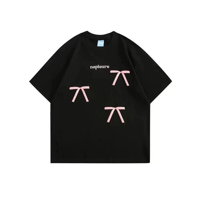 YOYO短袖T恤蓝色蝴蝶结正肩简约小众灰色字母甜妹印花正肩圆领