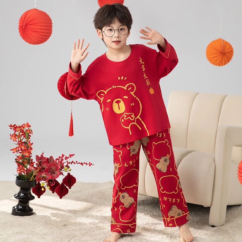 儿童睡衣春秋季红色纯棉长袖卡通本命年男童家居服套装马年中国风