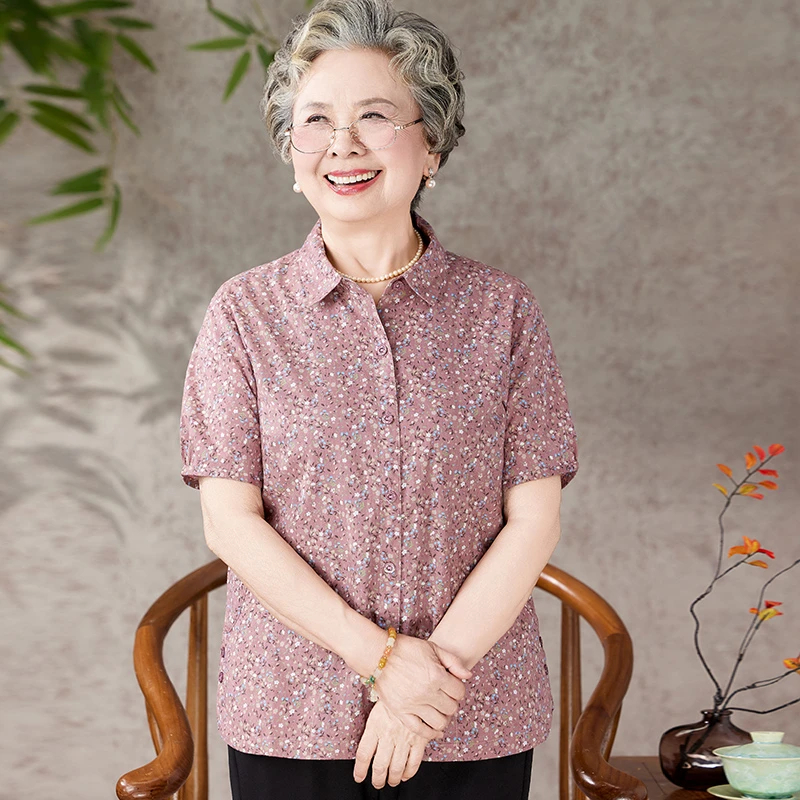 奶奶夏装纯棉短袖衬衫老年人妈妈夏季宽松大码全棉衬衣婆婆衣服女