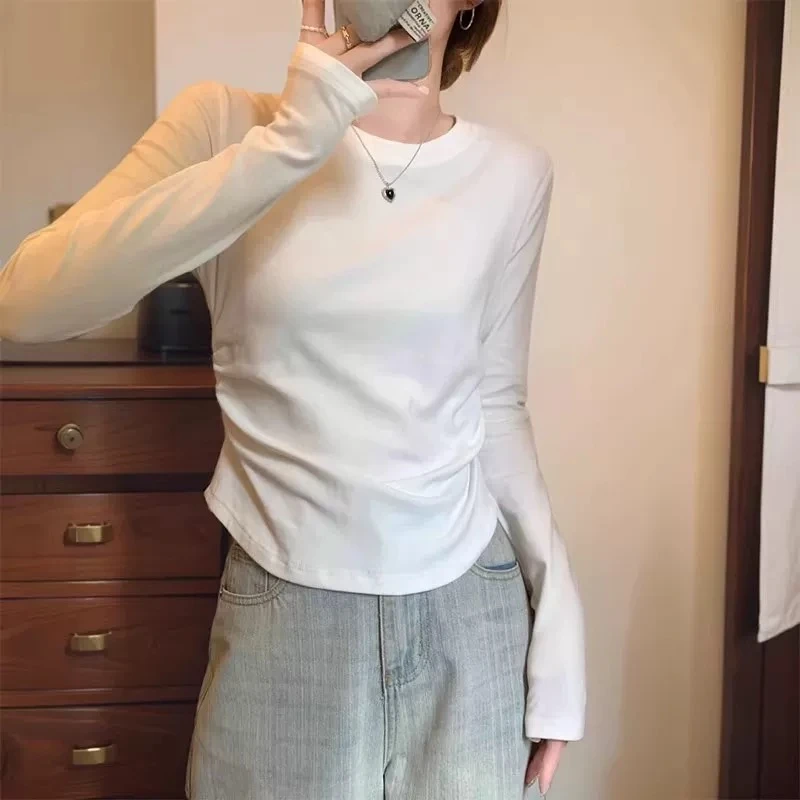 掐腰圆领正肩长袖t恤女春秋修身弹力显瘦内搭上衣纯欲风打底衫女