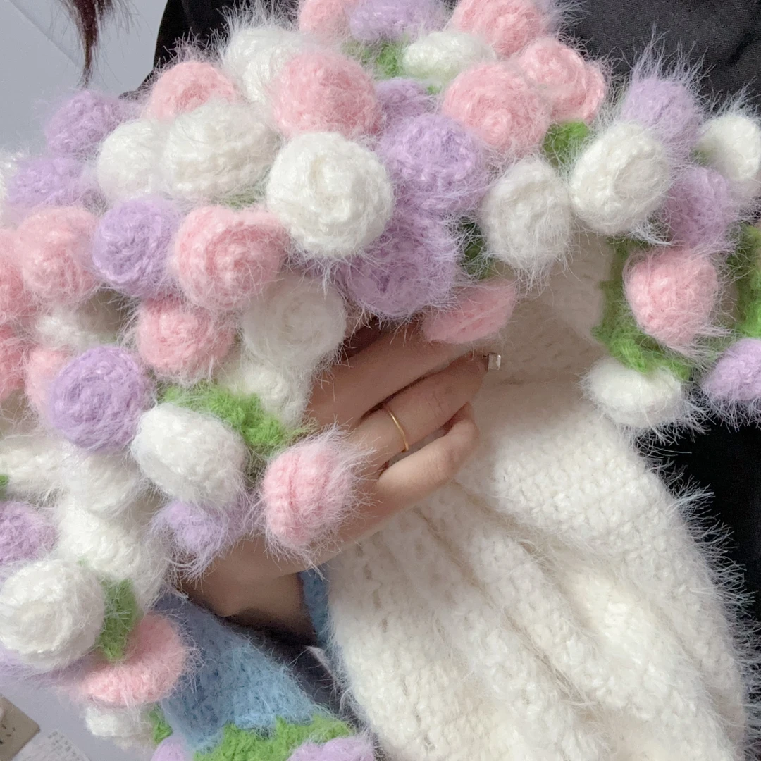 【非成品】羊毛混纺毛线雪宝同款长毛貂绒线玫瑰花毯子钩针材料包