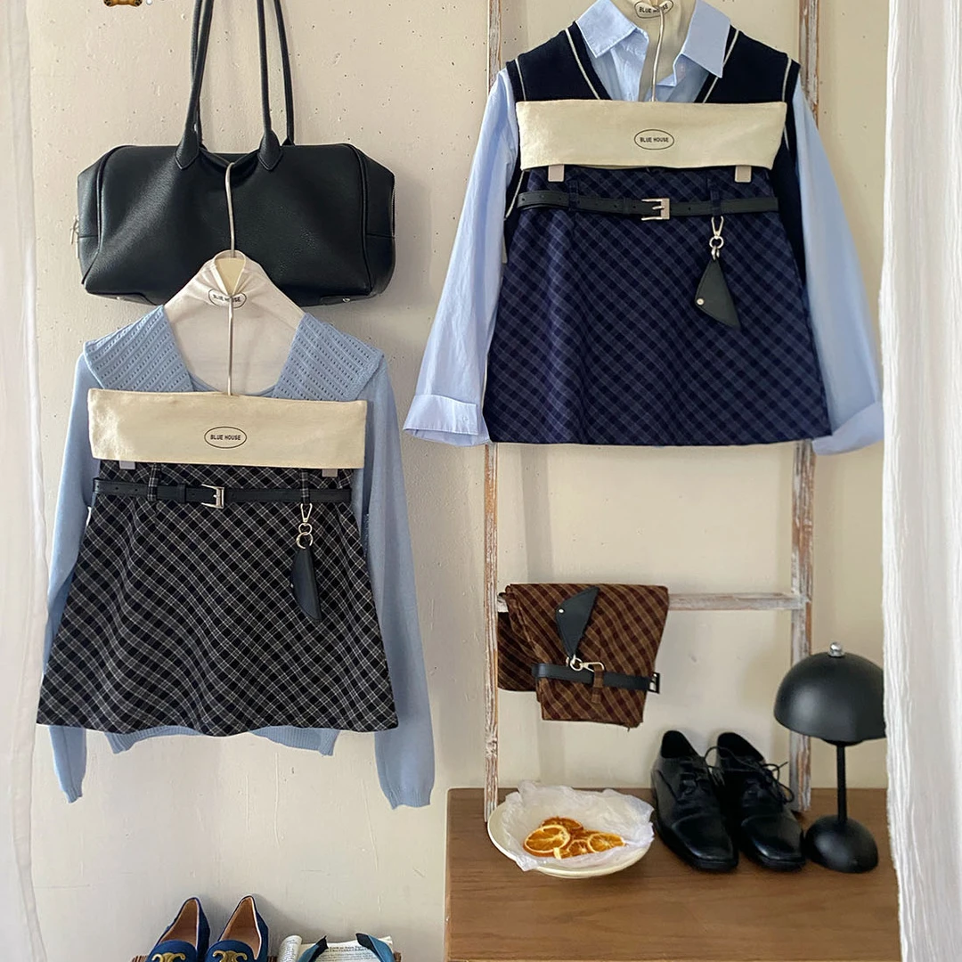 美式复古菱格配皮带磨毛格子半身裙女秋高腰气质包臀A字格纹短裙